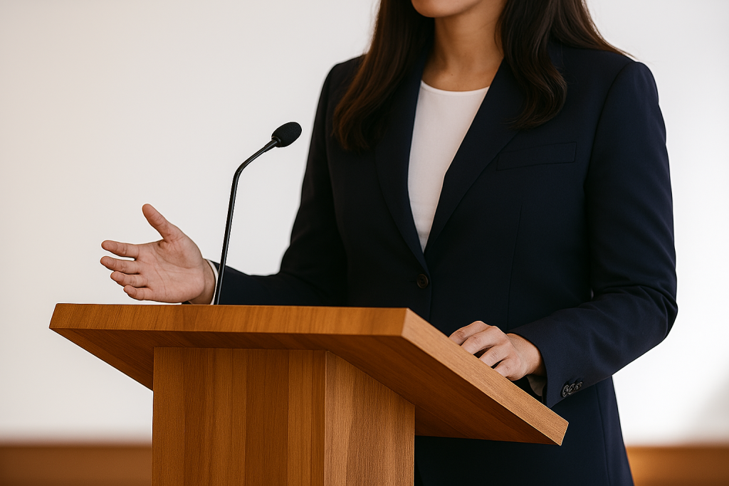 Woman in front of podium