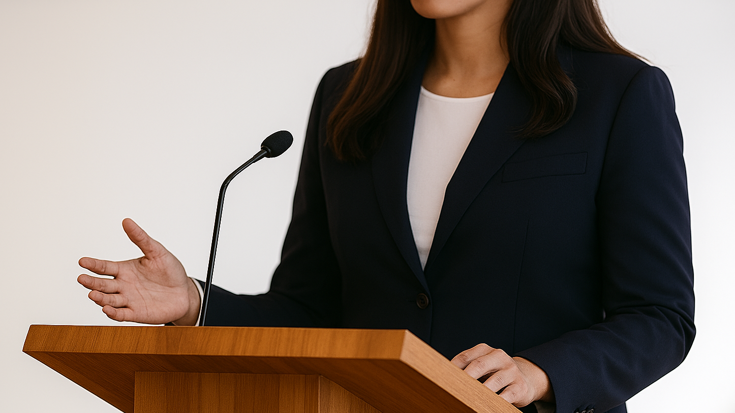 Woman in front of podium AI generated